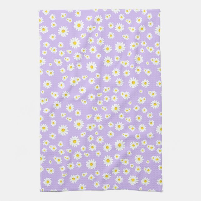 Purple Boho Spring Daisies Pattern Tea Towel (Vertical)