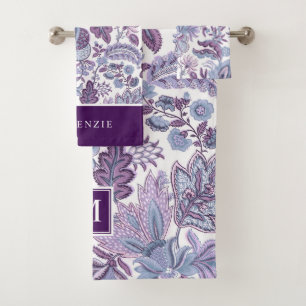 Purple Boho Vintage Floral Monogram Bath Towel Set