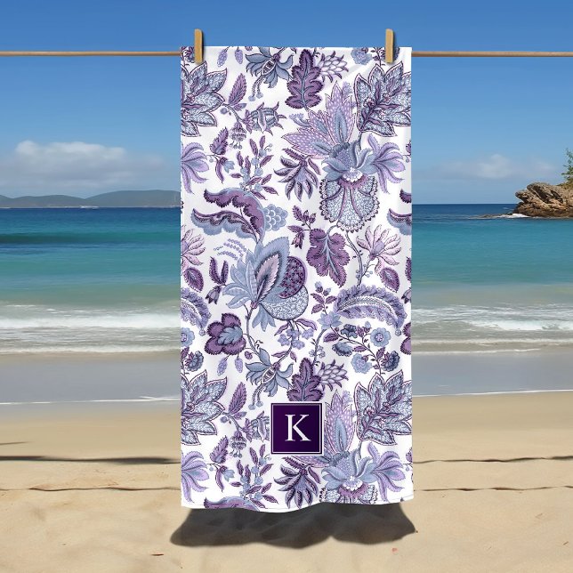Purple Boho Vintage Floral Monogram Beach Towel (Creator Uploaded)