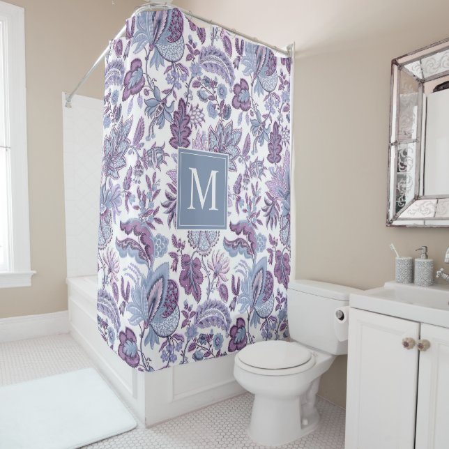 Purple Boho Vintage Floral Monogram Shower Curtain (In Situ)