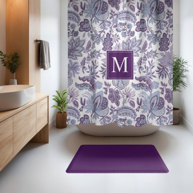 Purple Boho Vintage Floral Monogram Shower Curtain (Creator Uploaded)