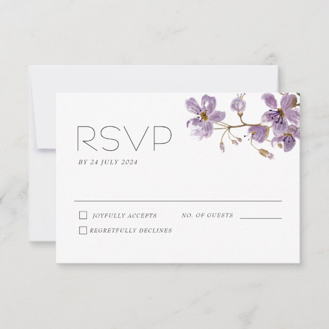 Purple Boho Watercolor Flowers Wedding RSVP Card (Front)