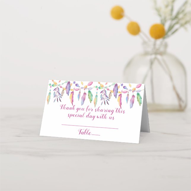 Purple Boho Wedding Feather Indian Native American Place Card (Front)