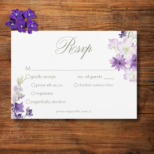 Purple Boho Wildflowers White Wedding Dinner RSVP Card