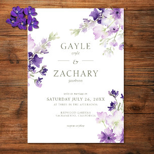 Purple Boho Wildflowers White Wedding Invitation