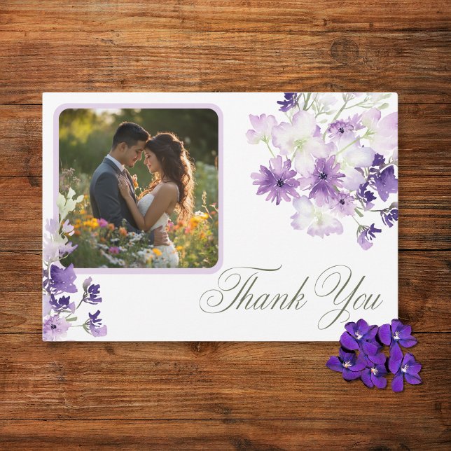 Purple Boho Wildflowers White Wedding Photo Thank You Card (Creator Uploaded)