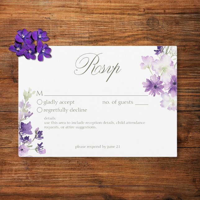 Purple Boho Wildflowers White Wedding RSVP Card (Creator Uploaded)