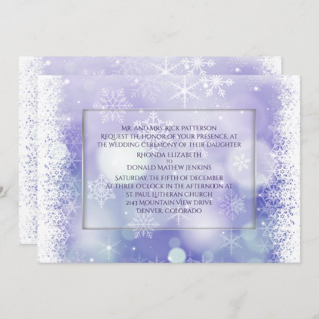Purple Bokah Snowflakes Winter Wedding Invitation (Front/Back)