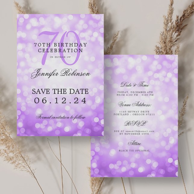 Purple Bokeh 70th Birthday Save Date Details Invitation (Purple Bokeh 70th Birthday Save Date Details Invitation)