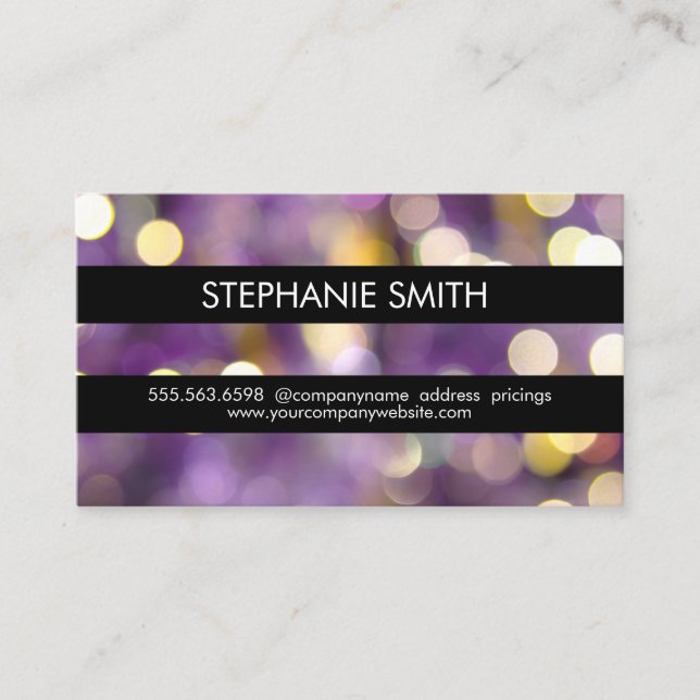 Purple Bokeh Black Stripes Business Card (Front)
