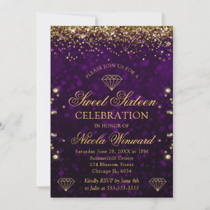 Purple Bokeh & Gold Glitter Sweet 16 Invitation