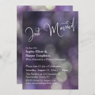 Purple Bokeh Light & "Just Married" Typography Invitation