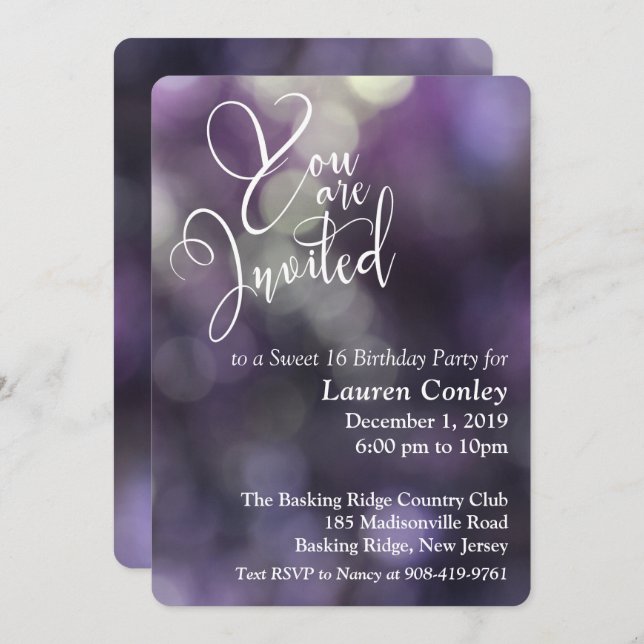 Purple Bokeh Light Sweet Sixteen 1 Invitation (Front/Back)