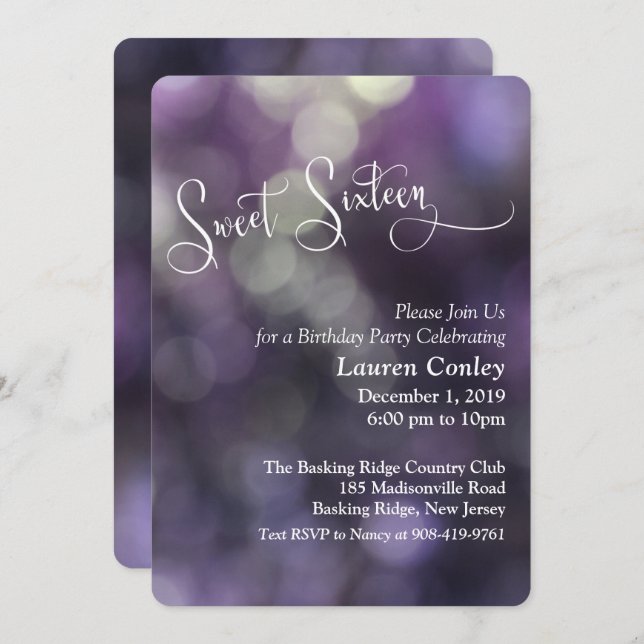 Purple Bokeh Light Sweet Sixteen 3 Invitation (Front/Back)
