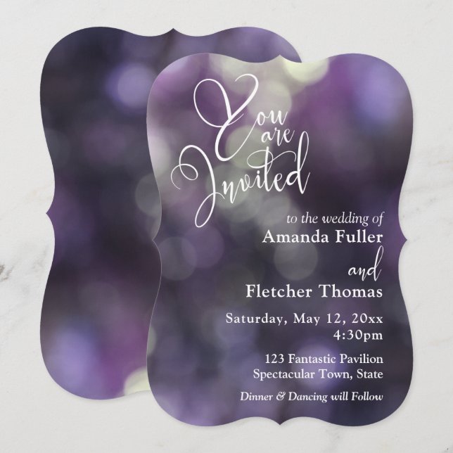 Purple Bokeh Light & Typography 32 Wedding 1 Invitation (Front/Back)