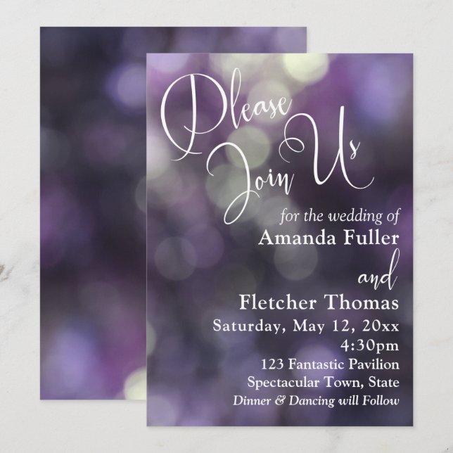 Purple Bokeh Light & Typography 32 Wedding 2 Invitation (Front/Back)