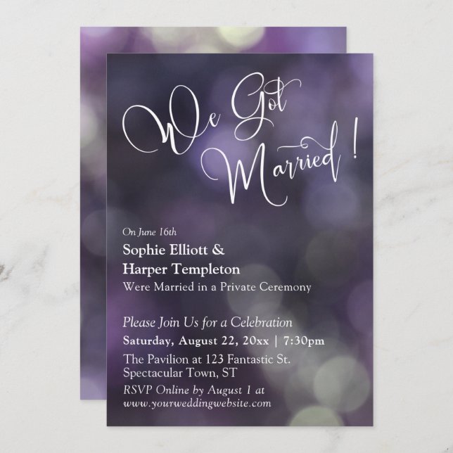 Purple Bokeh Light & "We Got Married" Typography Invitation (Front/Back)