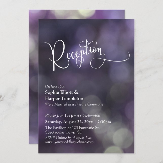 Purple Bokeh Light Wedding Reception Typography Invitation (Front/Back)
