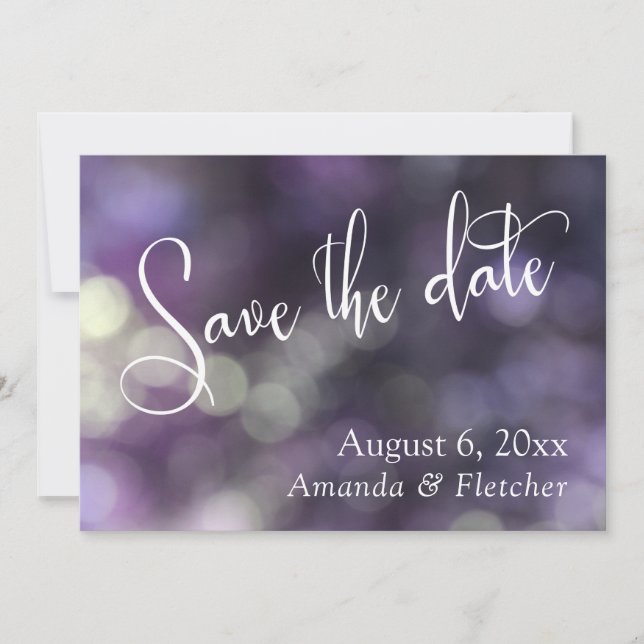 Purple Bokeh, Modern Script Save the Date (Front)