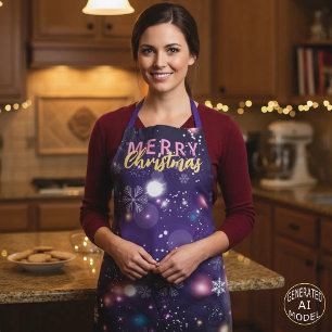 Purple Bokeh Snowflake Merry Christmas Hostess Apron