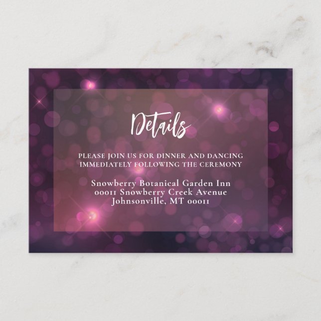 Purple Bokeh Sparkle Silver String Lights Wedding Enclosure Card (Front)