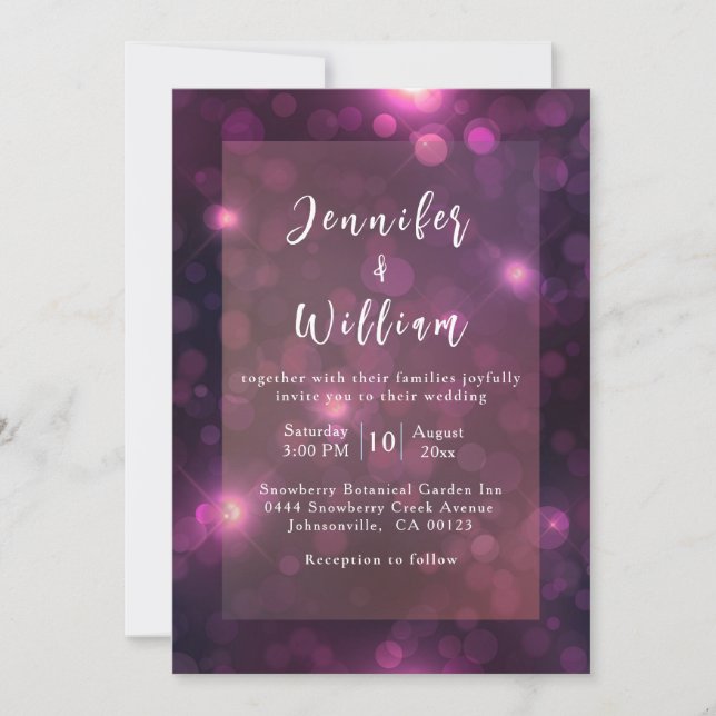 Purple Bokeh Sparkle Silver String Lights Wedding Invitation (Front)