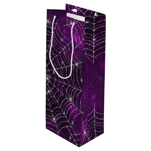 PURPLE BOKEH WITH SILVER SPIDER WEBS WINE GIFT BAG (Front Angled)