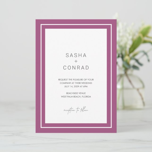 Purple Bold Border Modern Wedding Invitation (Standing Front)