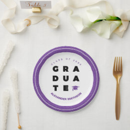 Purple Bold GRADUATE Letters and Cap Graduation Paper Plate