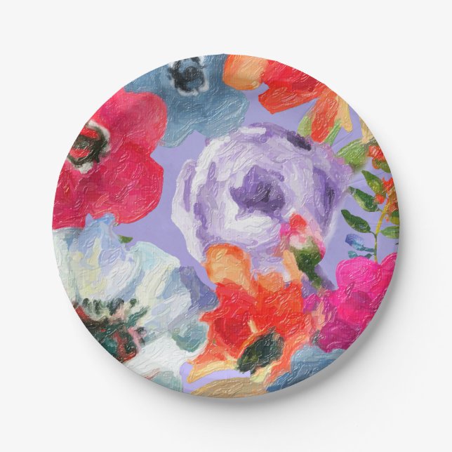 Purple Bold Painted Floral Pop Chic Bridal Shower Paper Plate (Front)