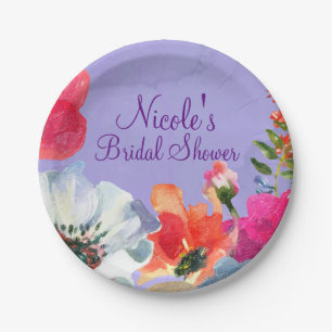 Purple Bold Painted Floral Pop Chic Bridal Shower Paper Plate