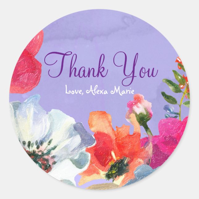 Purple Bold Painted Floral Pop Chic Party Favour Classic Round Sticker (Front)