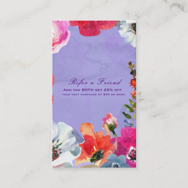 Purple Bold Painted Floral Pop Chic Refer a Friend Referral Card (Front)