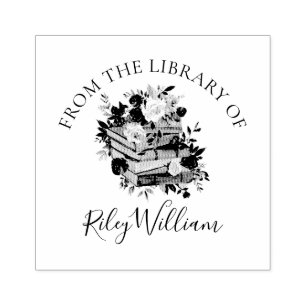 Purple Book and Roses Bookplate Rubber Stamp