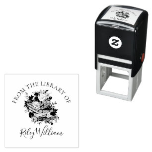 Purple Book and Roses Bookplate Self-inking Stamp