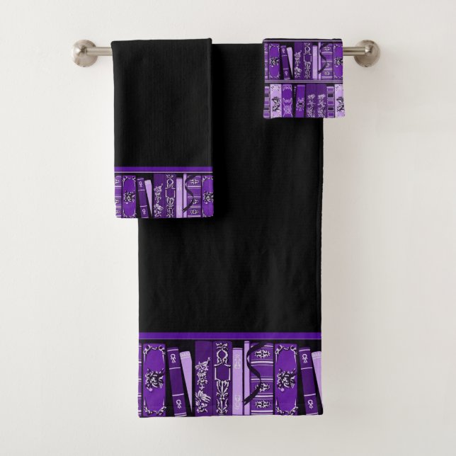 Purple Book Shelves Vintage Books Bath Towel Set (Insitu)