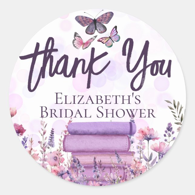 Purple Book Stack Wildflowers Butterflies Script Classic Round Sticker (Front)