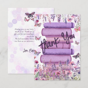 Purple Book Stack Wildflowers Butterflies Script Thank You Card