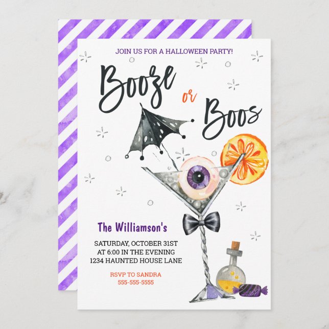 Purple Boo's or Booze Halloween Party Invitation (Front/Back)
