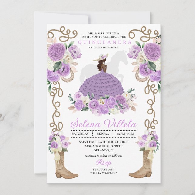 Purple Boots and Horse Ranchero Quinceañera Invitation (Front)