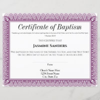 Purple Border Certificate of Baptism