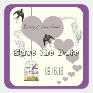 Purple Borders Bird Cage & Hearts Weddings Square Sticker
