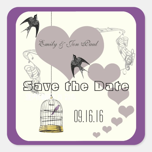 Purple Borders Bird Cage & Hearts Weddings Square Sticker (Front)