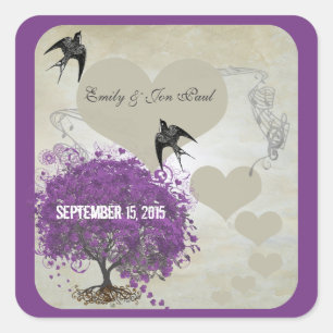 Purple Borders Heart Leaf Tree Weddings Square Sticker