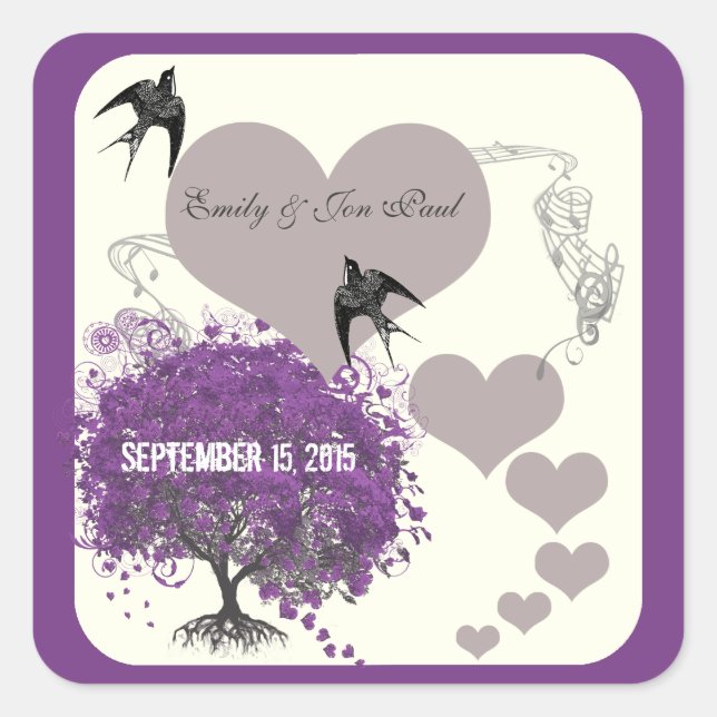 Purple Borders Mink Heart Leaf Tree Weddings Square Sticker (Front)