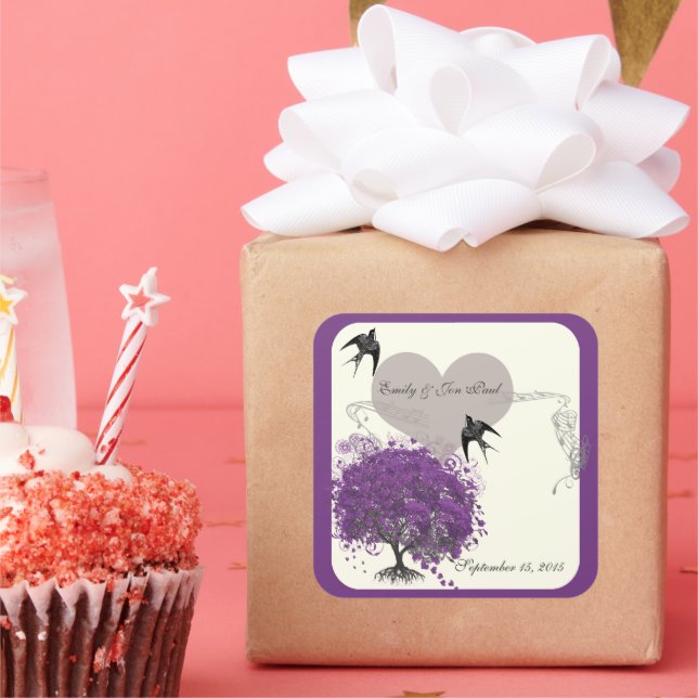 Purple Borders Mink Heart Leaf Tree Weddings Square Sticker (Party)