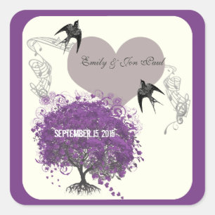 Purple Borders Mink Heart Leaf Tree Weddings Square Sticker