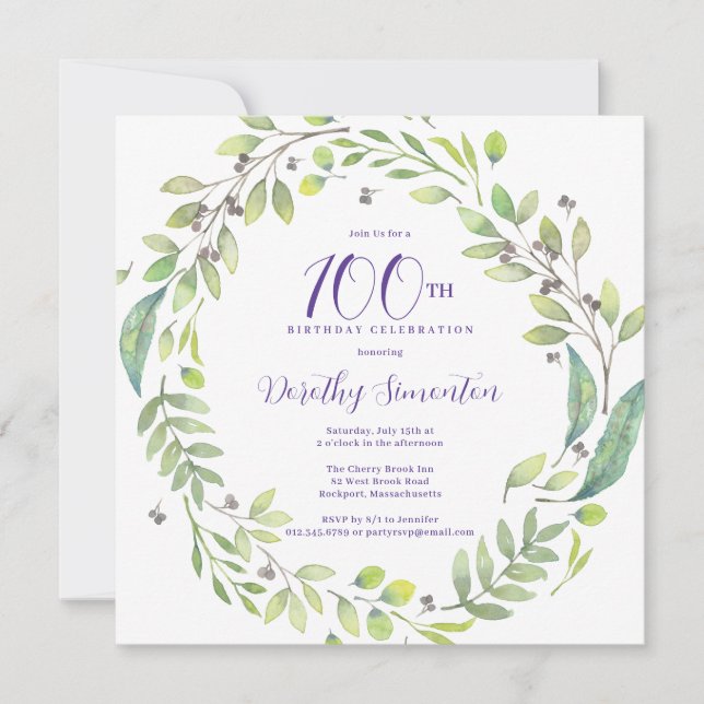 Purple Botanical 100th Birthday Party Invitation (Front)