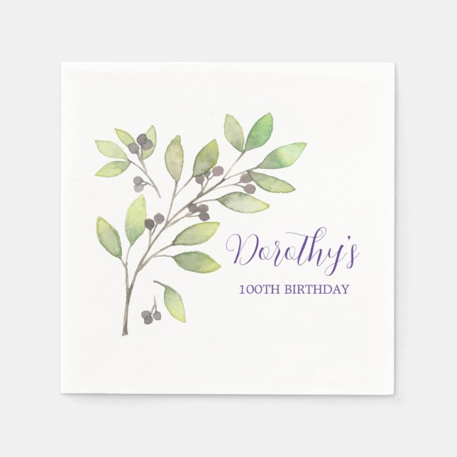 Purple Botanical 100th Birthday Party Napkin (Front)