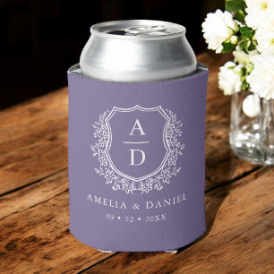 Purple Botanical Crest Modern Monogram Wedding Can Cooler